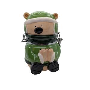 Conagra Brands Ceramic Teddy Bear Cookie Jar Porcelain Treat Jar Green Winter